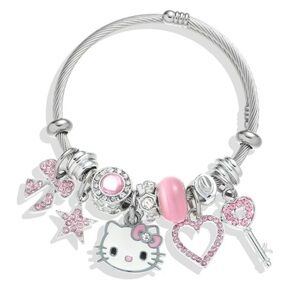 🩷 New Kawaii Pink Heart Kitty Charm Bracelet, Anime Cartoon Crystal